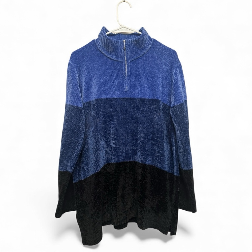 Vintage 90’s/Y2K Yarnworks Blue and Black Cowl Neck Zipper Sweater Size Large